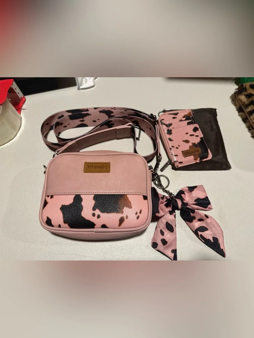 Wrangler Pink and Black Cowprint Crossbody with Matching Wallet